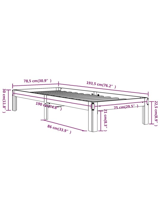 Rám postele bílý masivní dřevo 75 x 190 cm malé jednolůžko