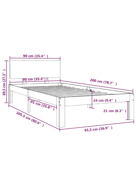 Rám postele šedý masivní borovice 90 x 200 cm