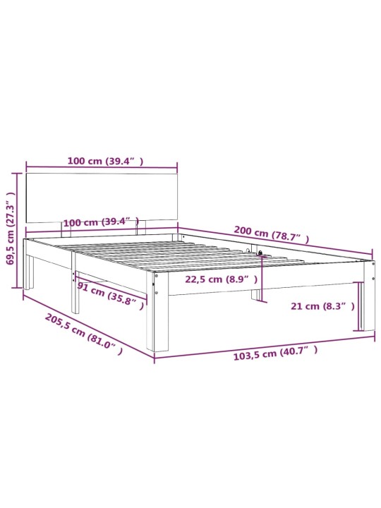Rám postele masivní borové dřevo 100 x 200 cm