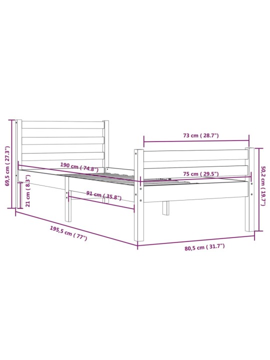 Rám postele medově hnědý masivní dřevo 75x190cm malé jednolůžko