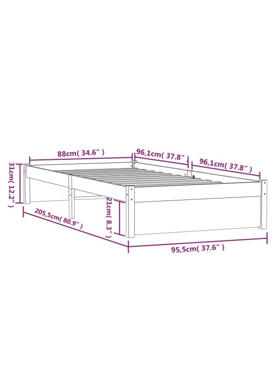 Rám postele šedý masivní dřevo 90 x 200 cm