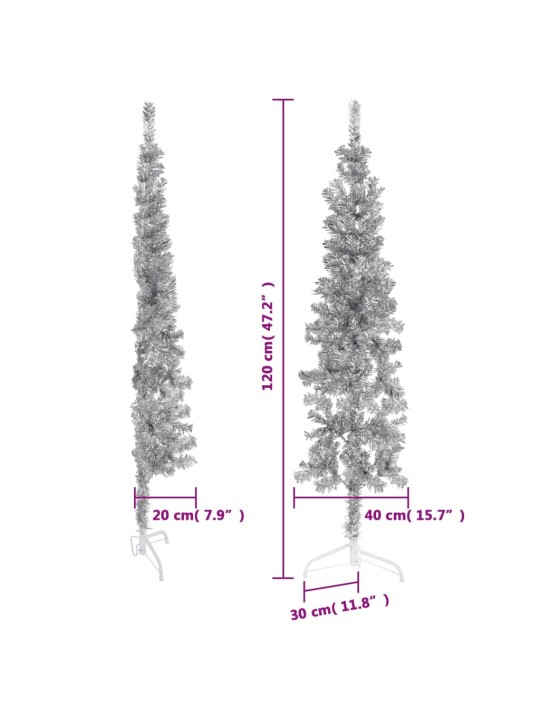 Úzký umělý poloviční vánoční stromek se stojanem stříbrný 120cm
