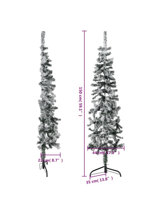 Úzký umělý poloviční vánoční stromek se sněhem 150 cm