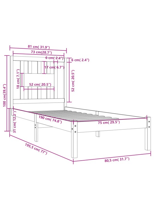 Rám postele černý masivní dřevo 75 x 190 cm malé jednolůžko