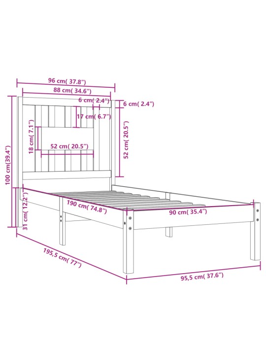 Rám postele bílý masivní dřevo 90 x 190 cm jednolůžko