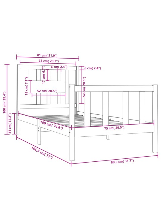 Rám postele černý masivní dřevo 75 x 190 cm malé jednolůžko