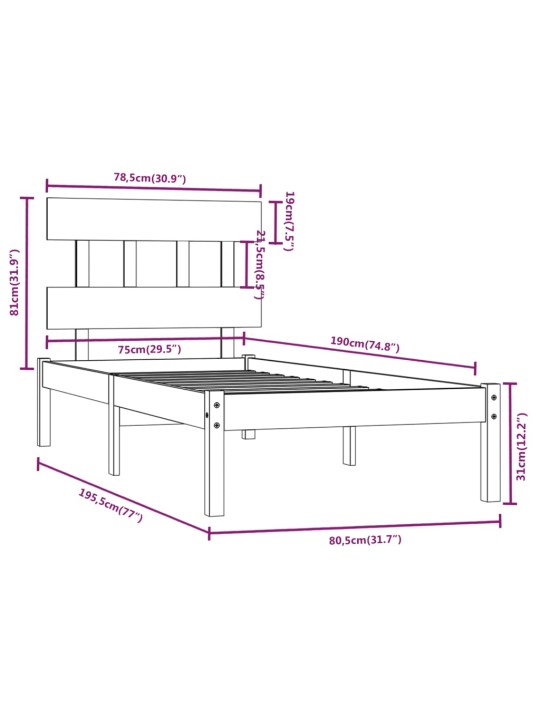 Rám postele černý masivní dřevo 75 x 190 cm malé jednolůžko