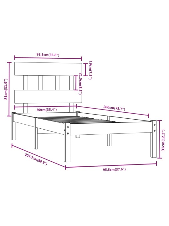 Rám postele bílý masivní dřevo 90 x 200 cm