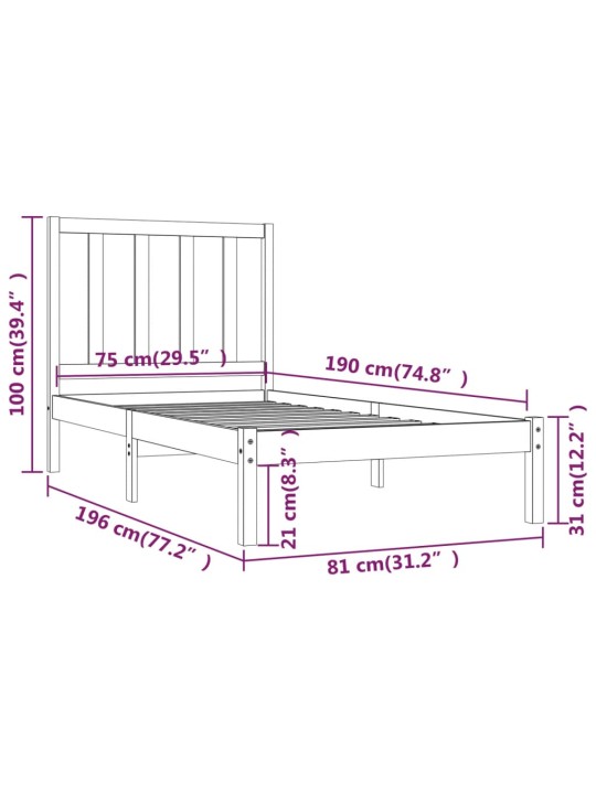Rám postele bílý masivní borovice 75 x 190 cm malé jednolůžko