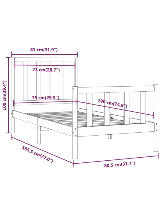 Rám postele černý masivní dřevo 75 x 190 cm malé jednolůžko