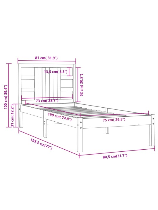 Rám postele černý masivní dřevo 75 x 190 cm malé jednolůžko