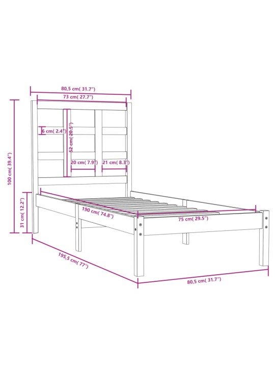 Rám postele bílý masivní dřevo 75 x 190 cm malé jednolůžko