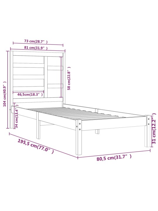 Rám postele bílý masivní dřevo 75 x 190 cm malé jednolůžko