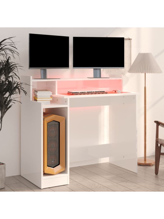 Psací stůl s LED lesklý bílý 97 x 45 x 90 cm kompozitní dřevo