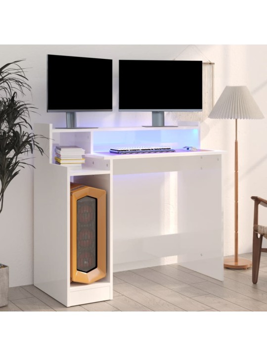 Psací stůl s LED lesklý bílý 97 x 45 x 90 cm kompozitní dřevo