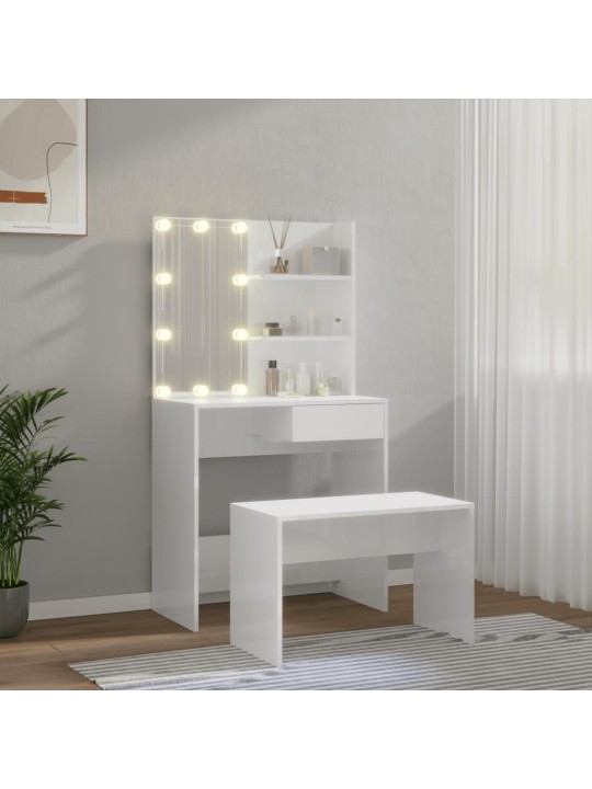 Toaletní stolek sada s LED bílý vysoký lesk kompozitní dřevo
