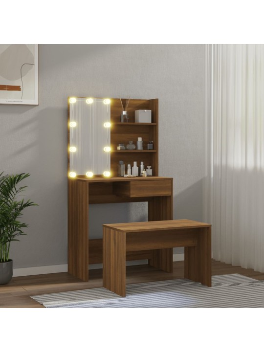 Toaletní stolek sada s LED hnědý dub kompozitní dřevo