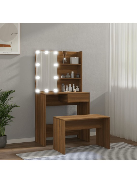 Toaletní stolek sada s LED hnědý dub kompozitní dřevo