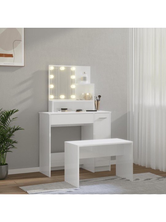 Toaletní stolek sada s LED bílý vysoký lesk kompozitní dřevo