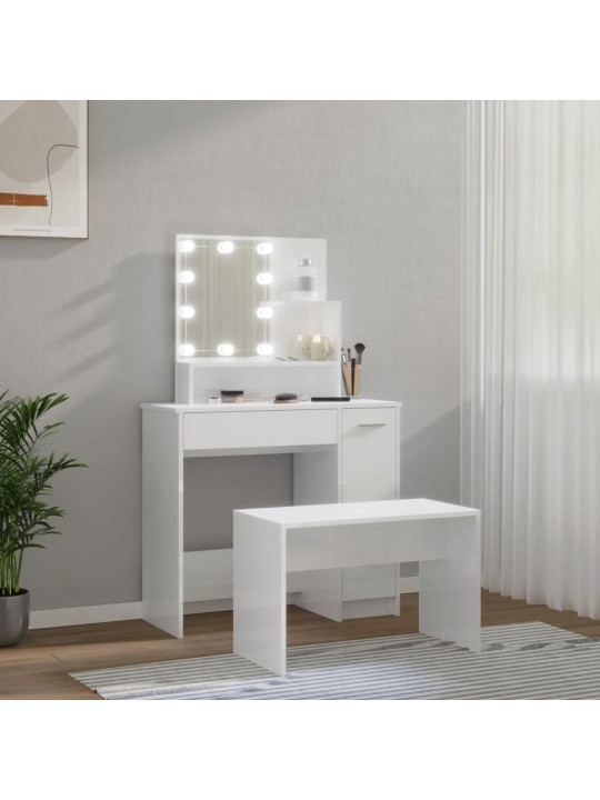 Toaletní stolek sada s LED bílý vysoký lesk kompozitní dřevo