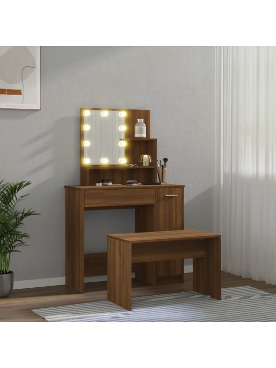 Toaletní stolek sada s LED hnědý dub kompozitní dřevo