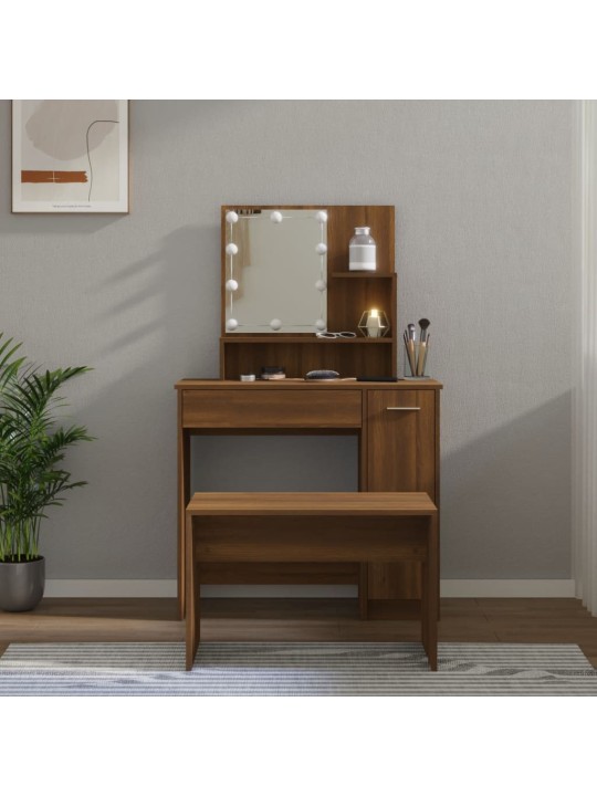 Toaletní stolek sada s LED hnědý dub kompozitní dřevo