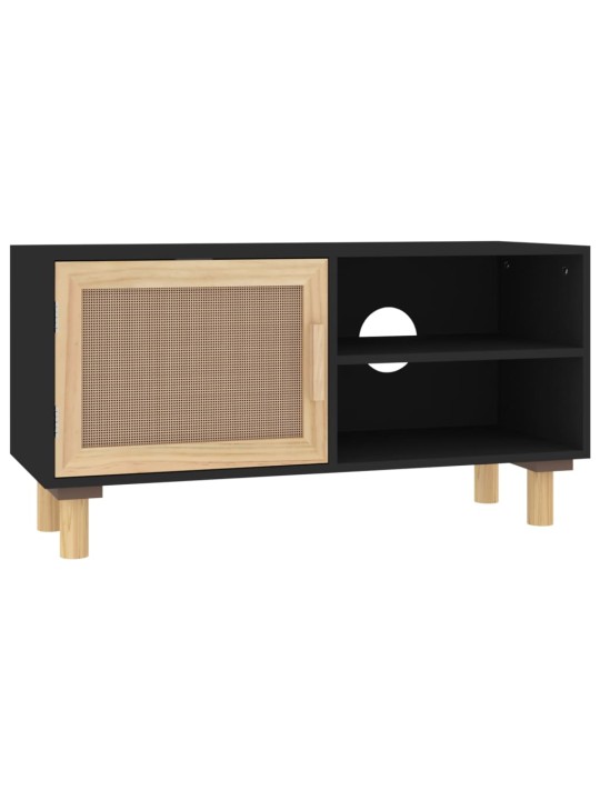 TV stolek černá 80x30x40 cm masivní borovice a přírodní ratan
