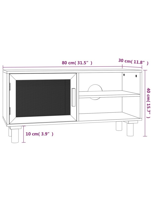 TV stolek černá 80x30x40 cm masivní borovice a přírodní ratan