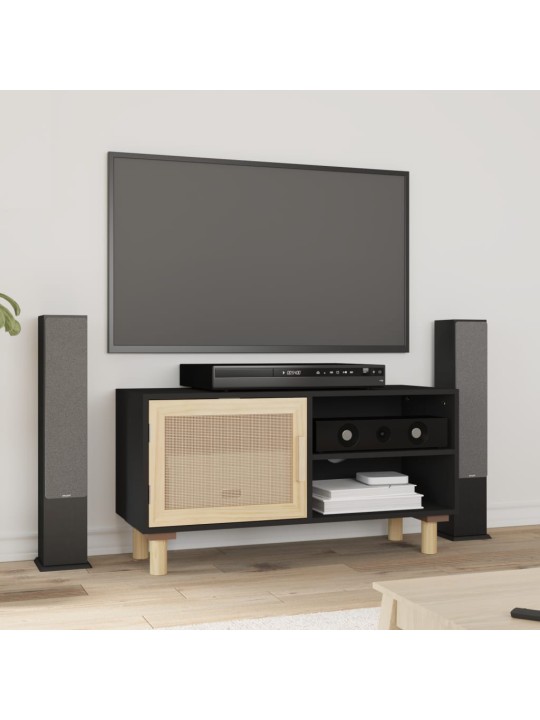 TV stolek černá 80x30x40 cm masivní borovice a přírodní ratan