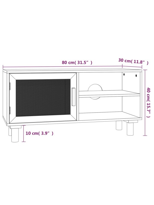TV stolek hnědý 80x30x40 cm masivní borovice a přírodní ratan