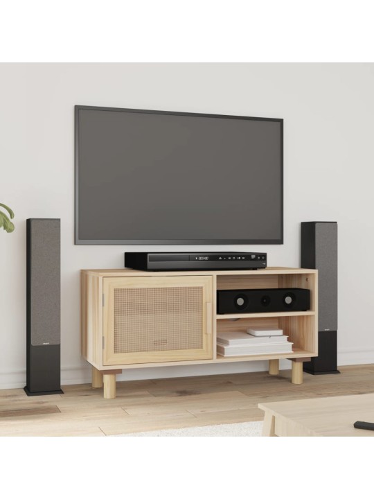 TV stolek hnědý 80x30x40 cm masivní borovice a přírodní ratan