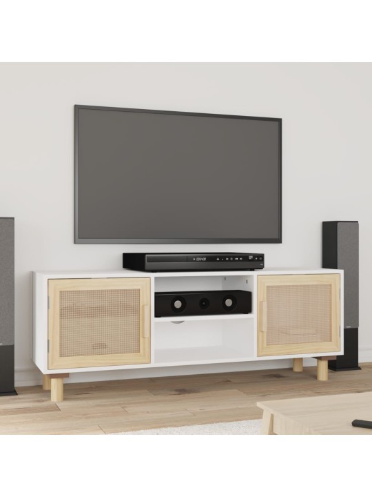 TV stolek bílá 105x30x40 cm masivní borovice a přírodní ratan