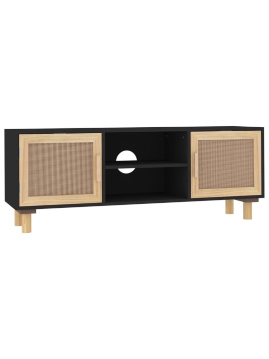 TV stolek černý 105x30x40 cm masivní borovice a přírodní ratan