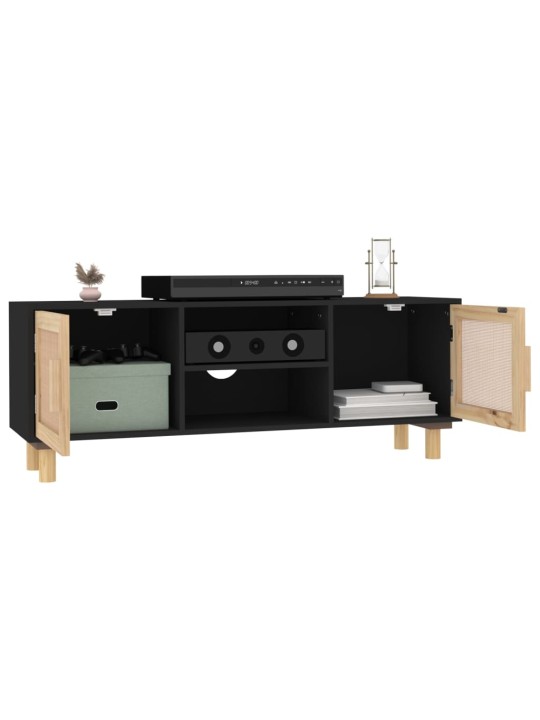 TV stolek černý 105x30x40 cm masivní borovice a přírodní ratan
