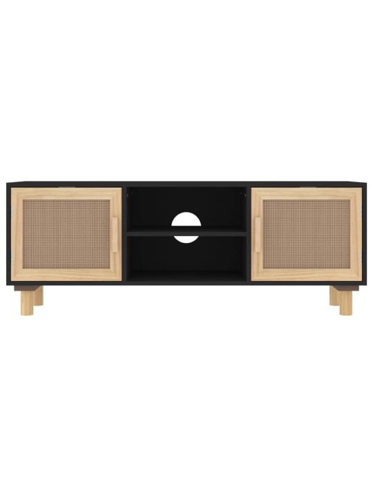 TV stolek černý 105x30x40 cm masivní borovice a přírodní ratan
