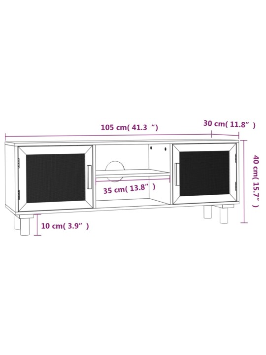 TV stolek černý 105x30x40 cm masivní borovice a přírodní ratan