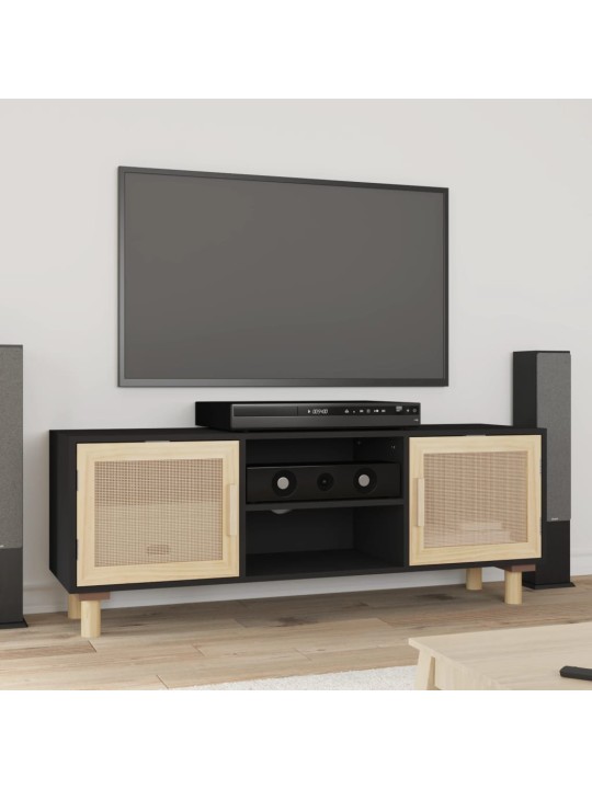 TV stolek černý 105x30x40 cm masivní borovice a přírodní ratan