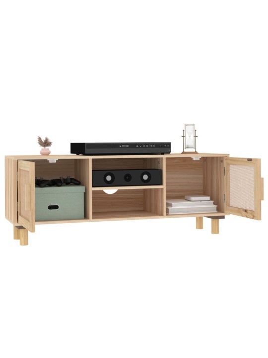 TV stolek hnědý 105x30x40 cm masivní borovice a přírodní ratan