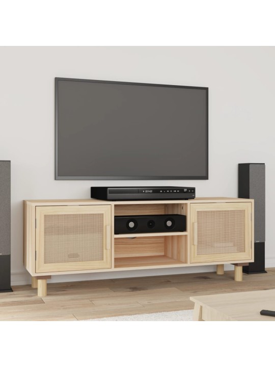 TV stolek hnědý 105x30x40 cm masivní borovice a přírodní ratan