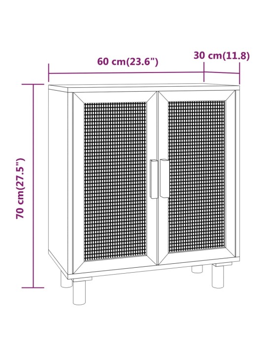 Příborník bílý 60x30x70 cm masivní borovice a přírodní ratan