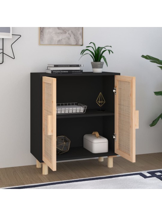 Příborník černý 60x30x70 cm masivní borovice a přírodní ratan