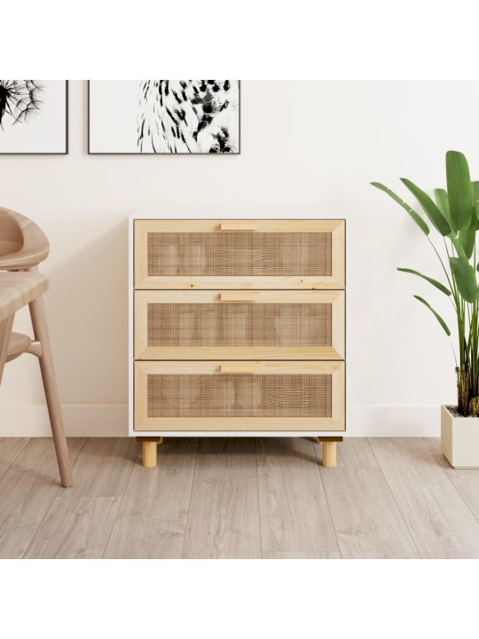Příborník bílý 60x30x70 cm masivní borovice a přírodní ratan