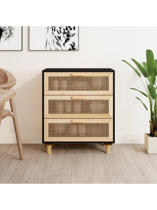 Příborník černý 60x30x70 cm masivní borovice a přírodní ratan