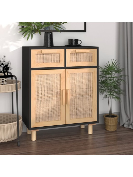 Příborník černý 60x30x75 cm masivní borovice a přírodní ratan