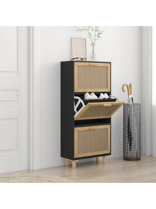 Botník černý 52 x 25 x 115 cm kompozitní dřevo a přírodní ratan