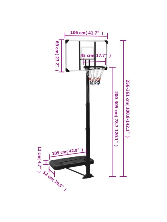 Basketbalový koš s průhlednou deskou 256–361 cm polykarbonát