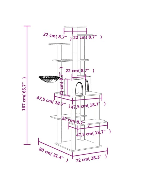 Škrabadlo pro kočky se sisalovými sloupky světle šedé 167 cm