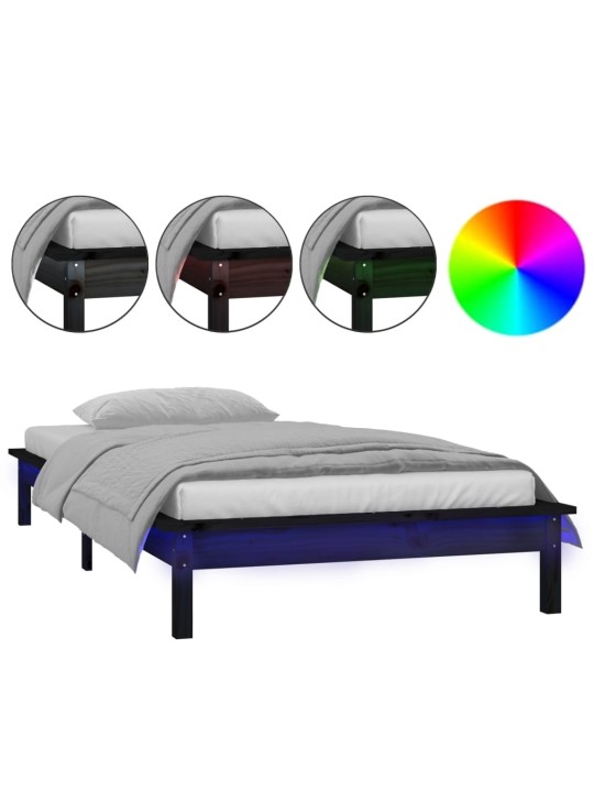 Rám postele s LED světlem černý 90 x 200 cm masivní dřevo