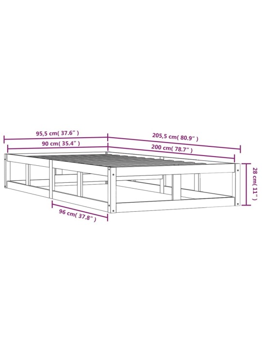 Rám postele černý 90 x 200 cm masivní dřevo