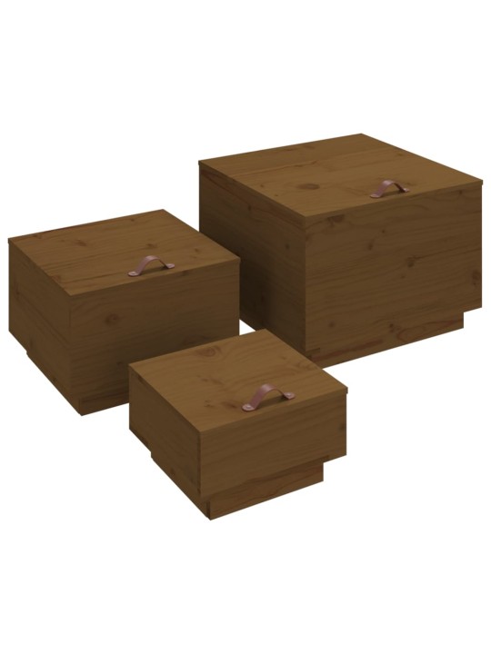 Úložné boxy s víkem 3 ks medově hnědé masivní borové dřevo